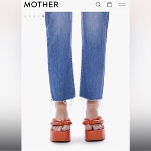 MOTHER Mid Blue Straight Jeans with Frayed Hem